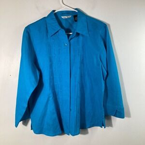 Womens Goodclothes Linen Blend Pleat Front Button Shirt Turquoise M Linen Rayon